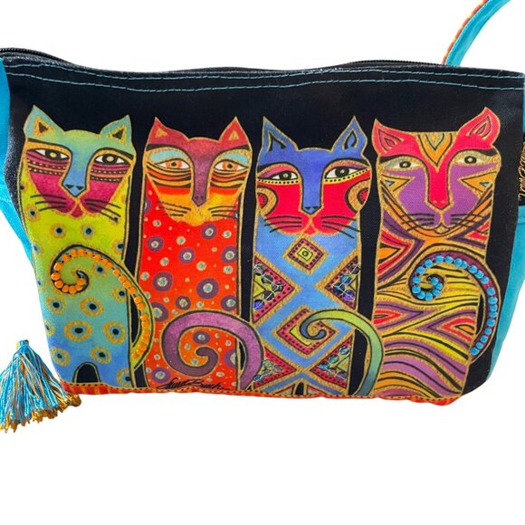 Laurel Burch Vibrant Cats Crossbody Bag Tassel Charm Beaded Sequins Art to Wear - Picture 4 of 10